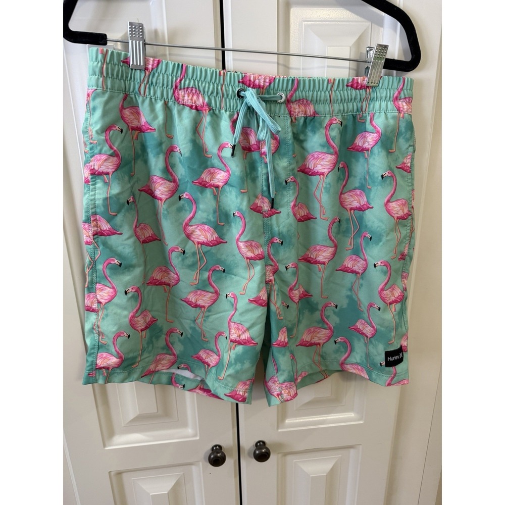 Hurley Flamingo Swim Trunks‎ Large Aqua Pink Beach Tropical Boardshorts EUC
